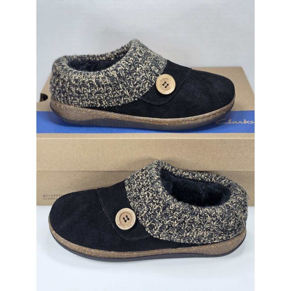 Clarks Slippers Womens Black Suede Knit Cuff Comfort Clog Size 6